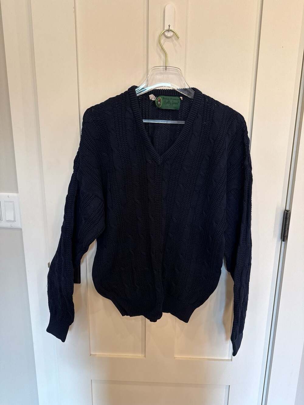 Bobby Jones by Hickey Freeman Navy Blue Cable Knit V-Neck Mercerized Cotton Swea